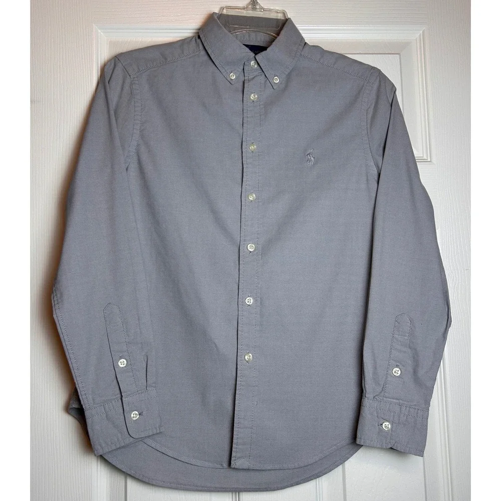 Ralph Lauren Kids Gray Long Sleeve Button Down Shirt Pony Logo Size M 10-12
